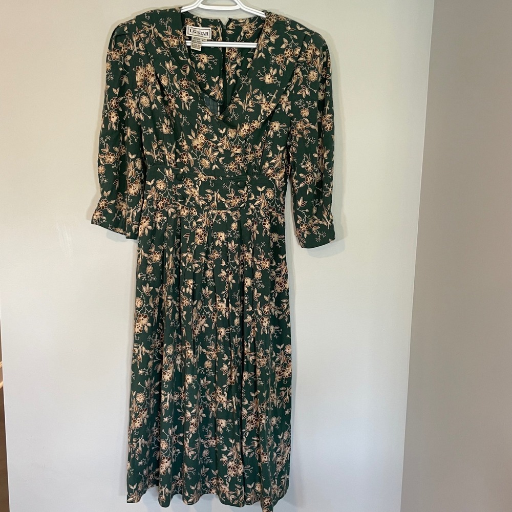 Vintage LG Star Green Floral Prairie Midi Dress 90s Size 14 3/4 Sleeve Cottage